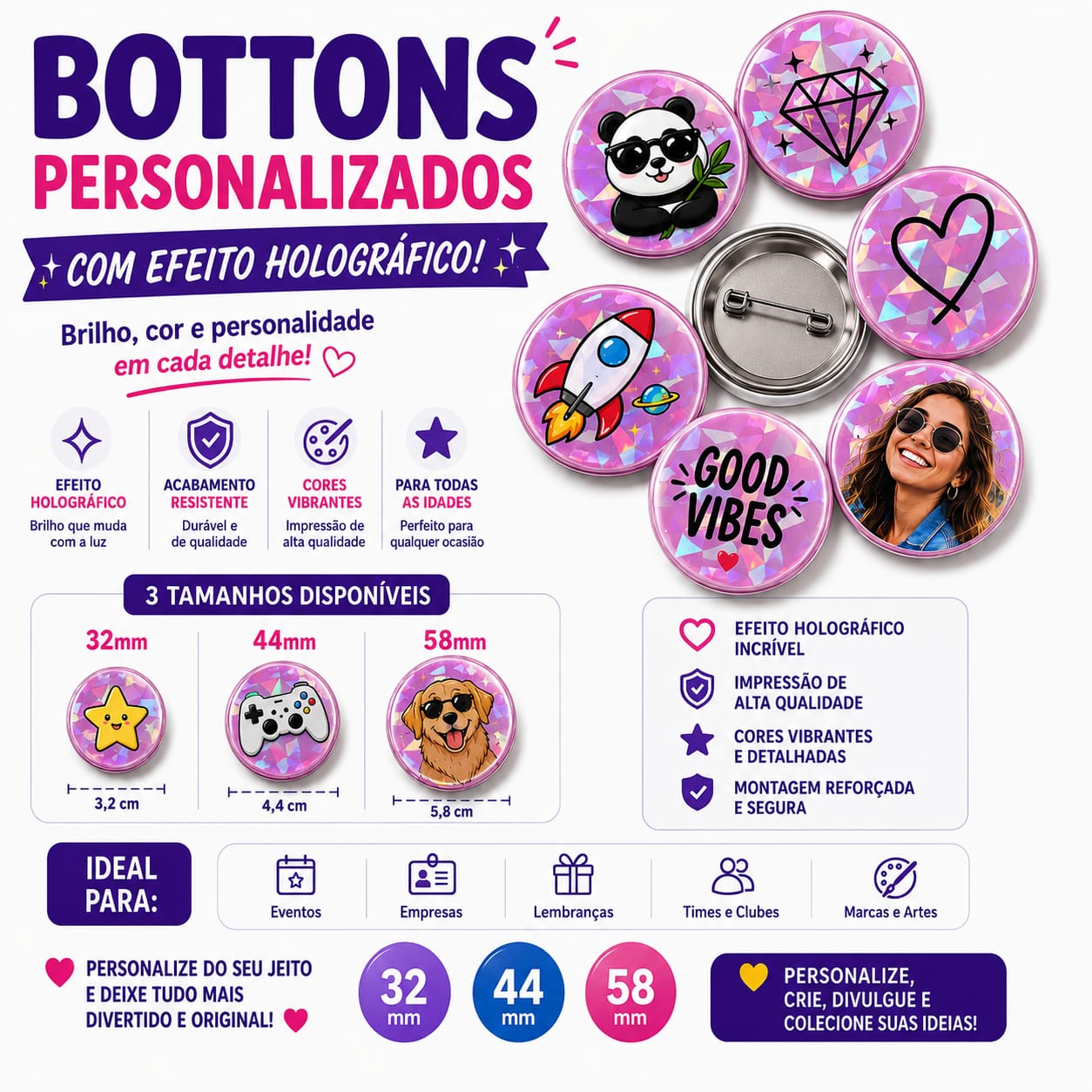Bottons Holográficos 3D Personalizados