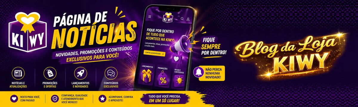 Anúncio digital em roxo e dourado para a página de notícias da kiwy, com uma tela de smartphone exibindo a interface do aplicativo.