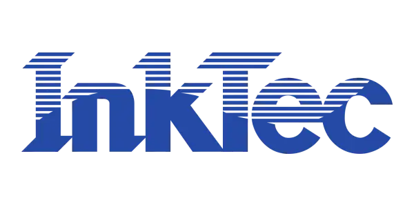 Logo azul da inktec com uma fonte em negrito e estilizada sobre um fundo preto.