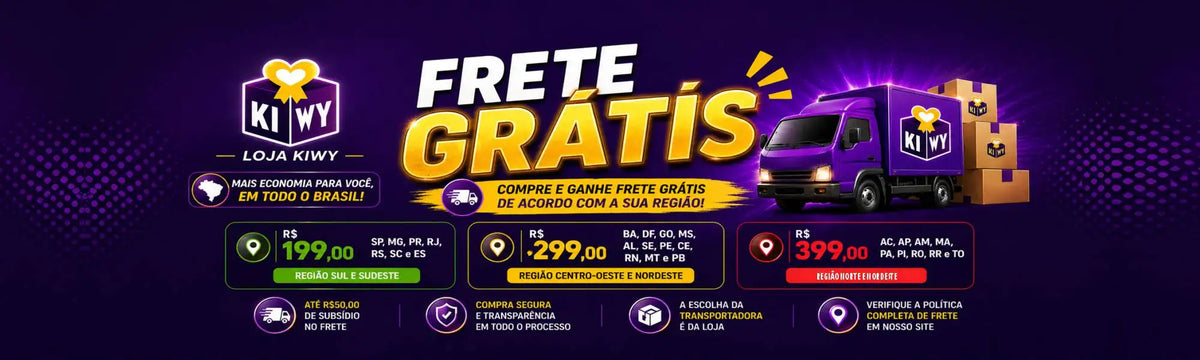 Caminhão de entrega roxo com branding “ki wy” e faróis brilhando.