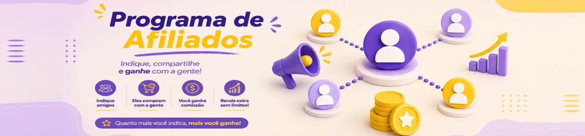 Design gráfico roxo e amarelo promovendo um programa de indicação com ícones de pessoas, moedas e um megafone.