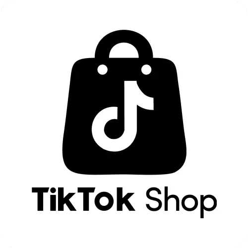Ícone de sacola de compras preta com um logotipo branco do tiktok dentro, com a inscrição ’tiktok shop’ abaixo.