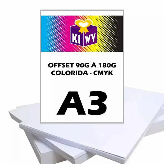 Papel para impressão offset A3 colorida CMYK, disponível em 90g e 180g, da Loja Kiwy.