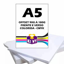 Impressão Offset A5 da Loja Kiwy, frente e verso colorida CMYK, em papéis de 90g a 180g.