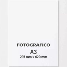 Impressão em papel fotográfico A3 com dimensões de 297 mm x 420 mm.