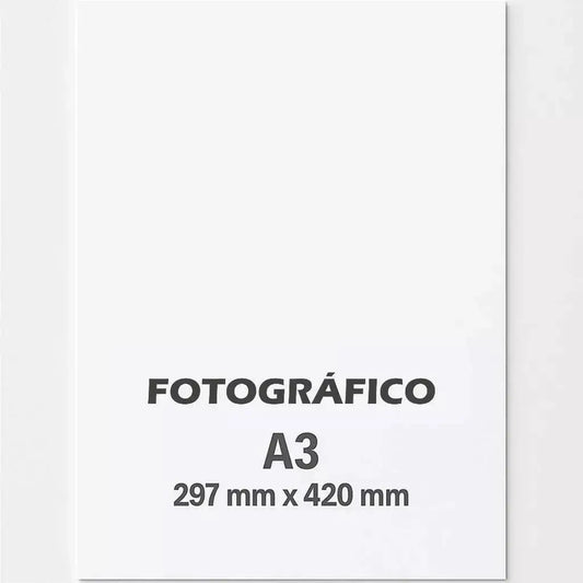Impressão em papel fotográfico A3 com dimensões de 297 mm x 420 mm.