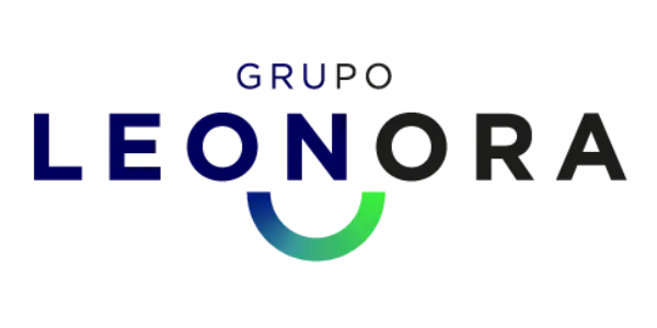 O logotipo apresenta a palavra “leonora” em letras maiúsculas em negrito azul-marinho, com um arco de gradiente abaixo que transita de azul-esverdeado para verde.