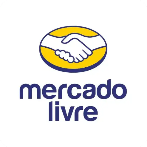 Logotipo do Mercado Livre com uma mão apertada estilizada em branco sobre um oval amarelo com borda azul.