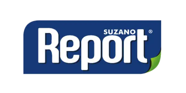 Logotipo retangular azul com texto branco “report” e “suzano®” menor acima, com um destaque de folha verde no lado direito.
